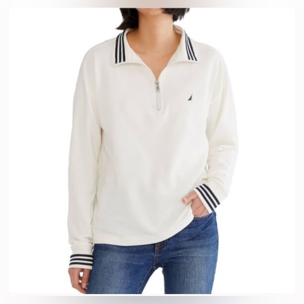 Nautica Women's White 1/4 Zip Pullover with Navy Accents - SIZE XXL - EUC